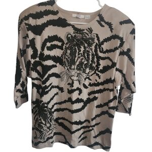 Rare Vintage I. Magnin Hand-Beaded Tiger Print 100% Cotton Sweater Size M